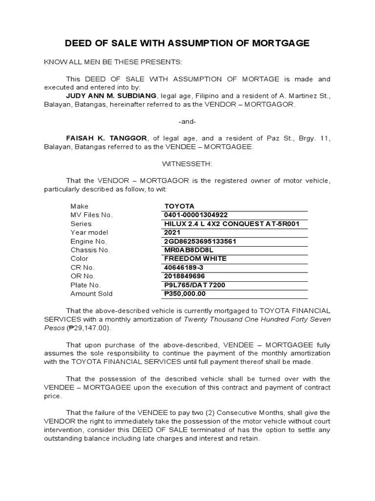 DEED OF SALE WITH ASSUMPTION OF MORTGAGE PDF Mortgage Law