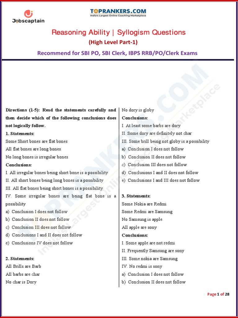 Syllogism Questions for SBI Exams | PDF | Reason | Logic