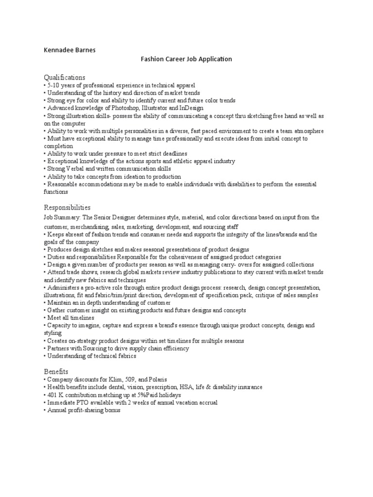 Fashion Career Job Application PDF Fashion Sales