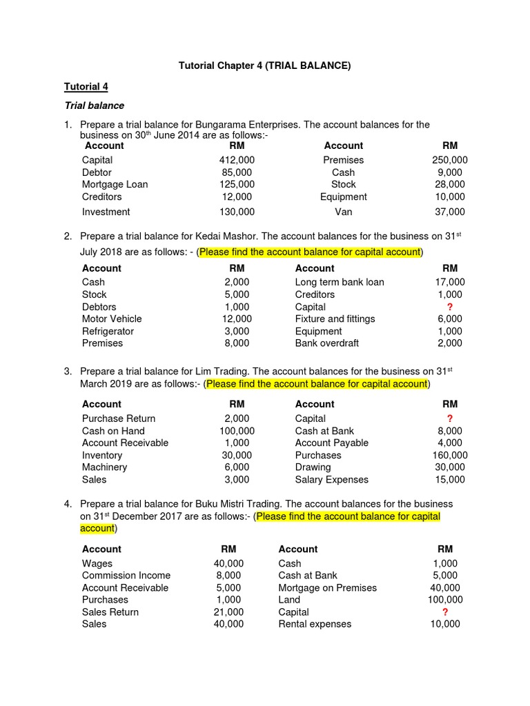 Tutorial Chapter 4 (TRIAL BALANCE) | PDF | Expense | Capital (Economics)