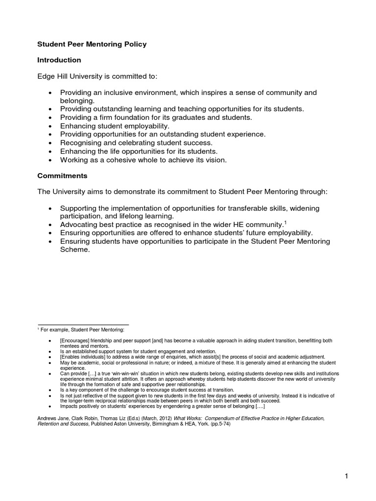 Student Peer Mentoring Policy Overview | PDF | Mentorship | Behavior ...