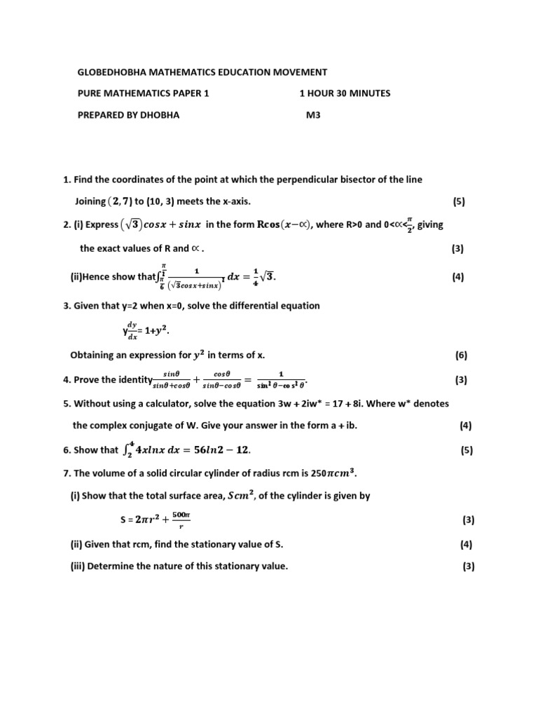 Advanced Pure Mathematics Exam Paper | PDF | Theoretical Physics ...