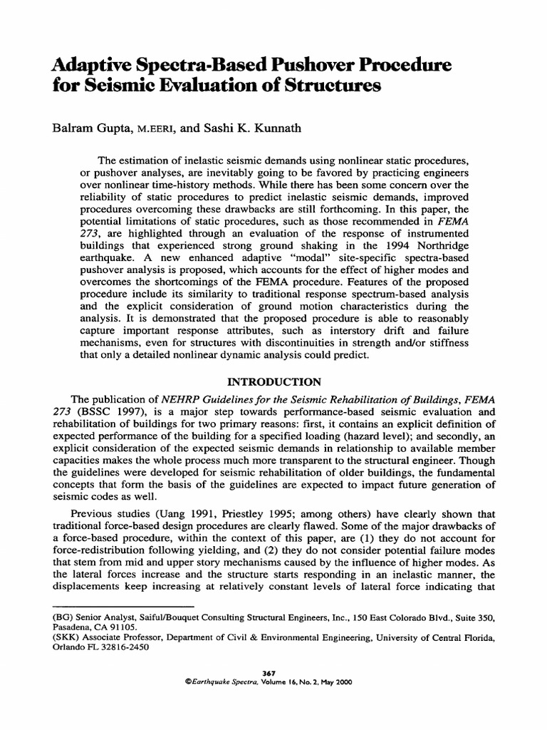 Adaptive Spectra-Based Pushover Procedure For Seismic Evaluation of ...