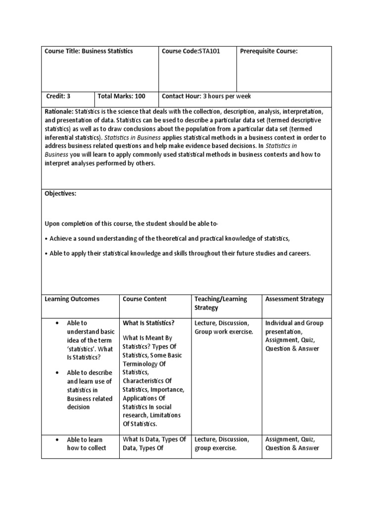 Business Statistics Course Outline | PDF | Statistics | Level Of ...