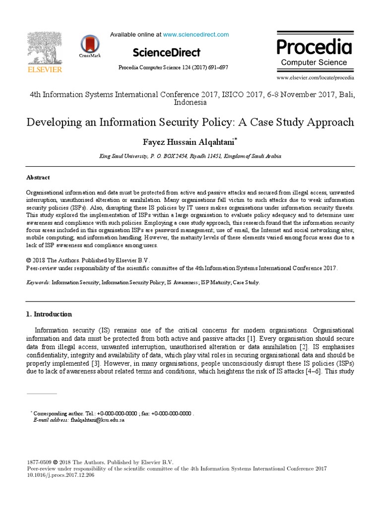 Developing An Information Security Policy A Case S | PDF | Computer ...