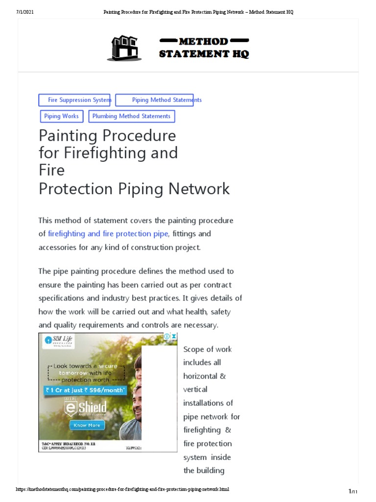 Painting procedure for firefighting and fire protection piping network