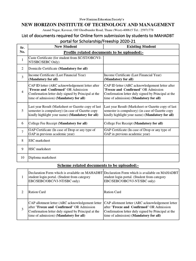 Final updated instruction list of document for mahadbt online form