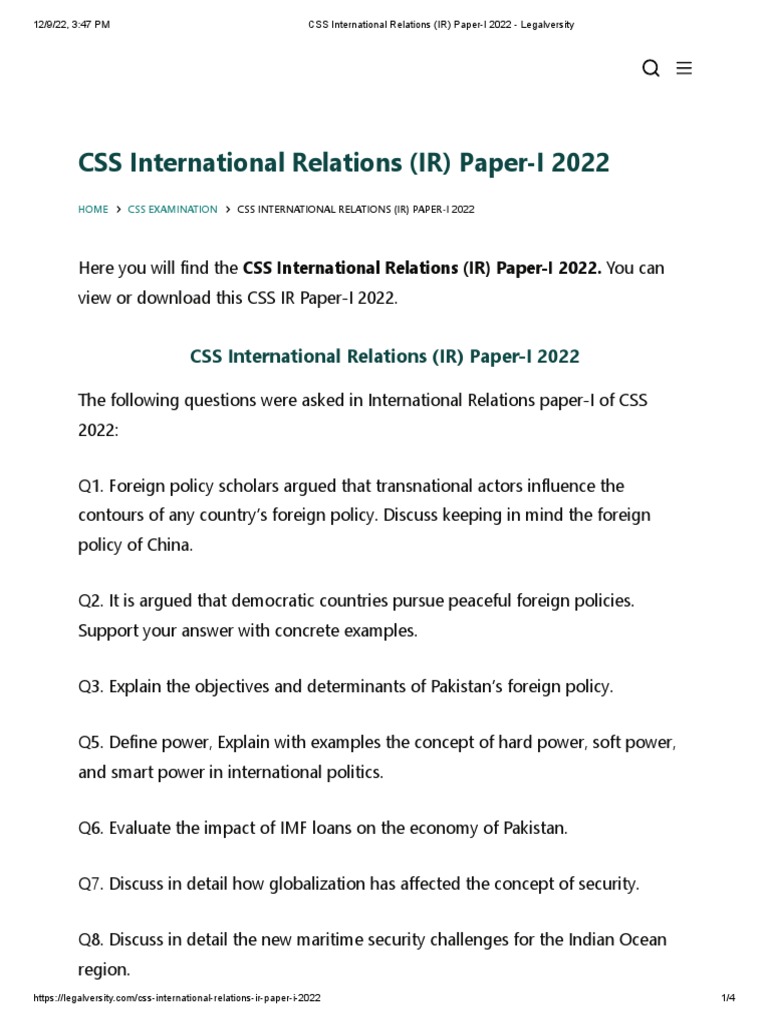CSS International Relations (IR) Paper-I 2022 - Legalversity | PDF ...