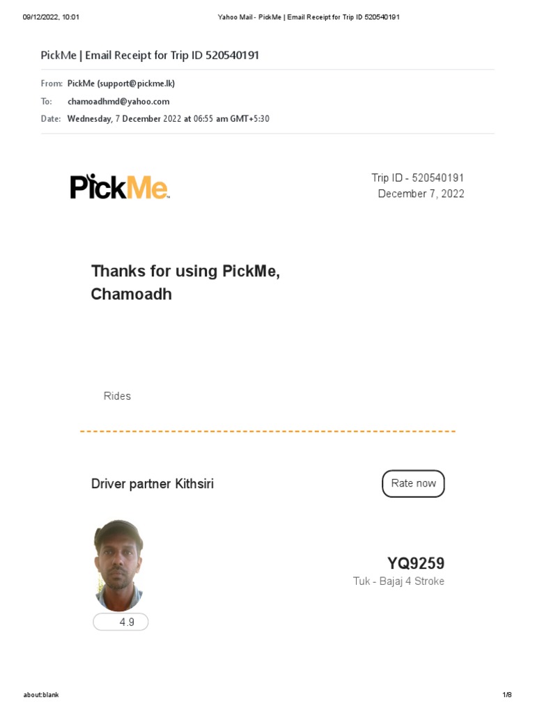 Yahoo Mail - PickMe - Email Receipt For Trip ID 520540191 | PDF | Transport