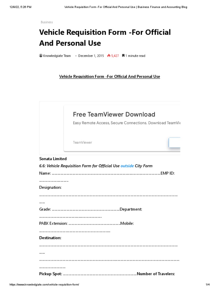 Vehicle Requisition Form For Official and Personal Use Business