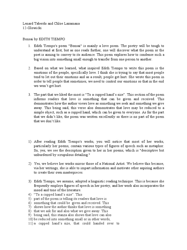 Bonsai by EDITH TIEMPO PDF Poetry Love