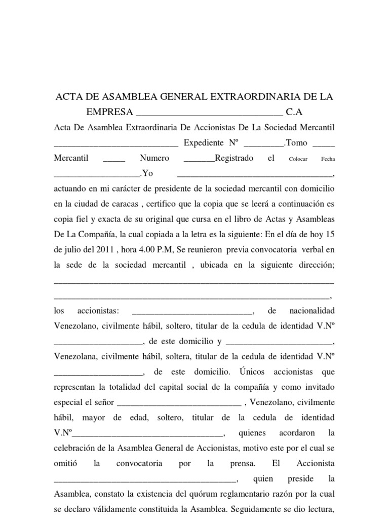 Copia de Acta de Asamblea (Venta de Acciones)