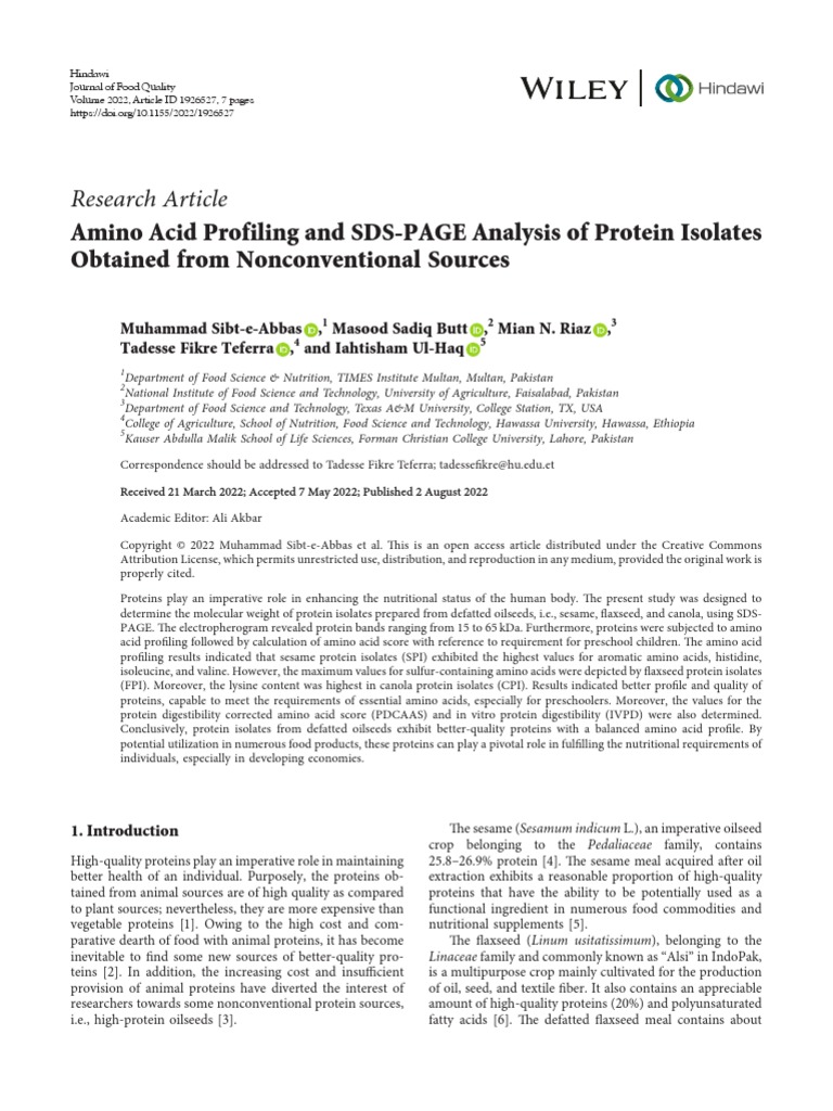Research Article: Amino Acid Profiling and SDS-PAGE Analysis of Protein ...
