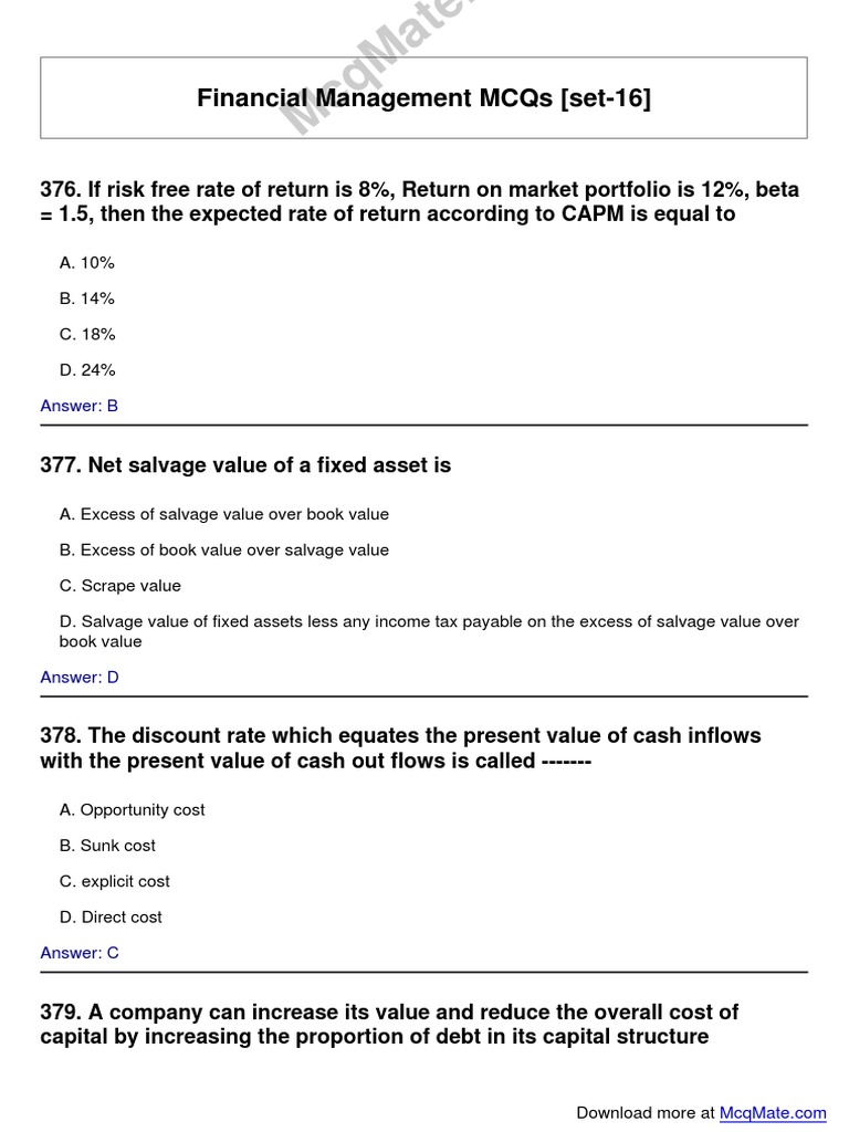 FinancialManagement Solved MCQs (Set16) PDF Equity (Finance