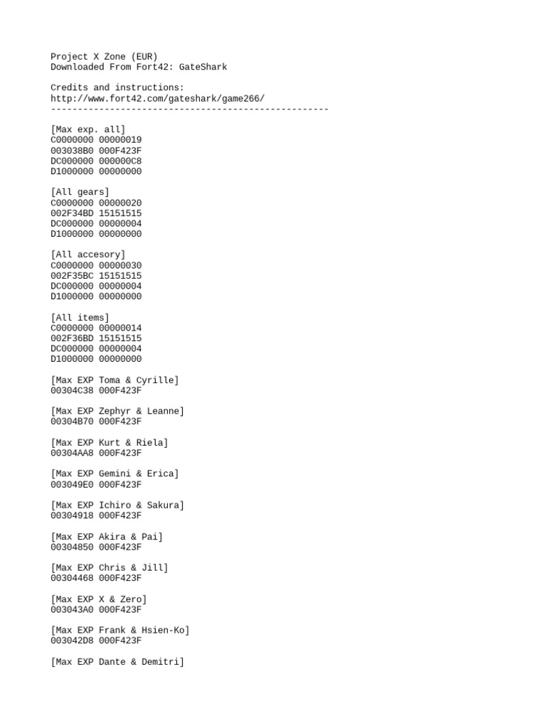 Project X Zone Cheat Codes Character Stat and Item Maxing Codes PDF Video Games Action