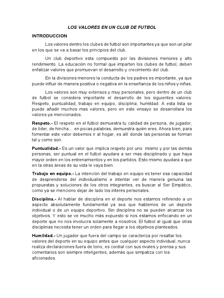 Valores Fundamentales en el Fútbol | PDF | Asociación de Futbol | Deportes