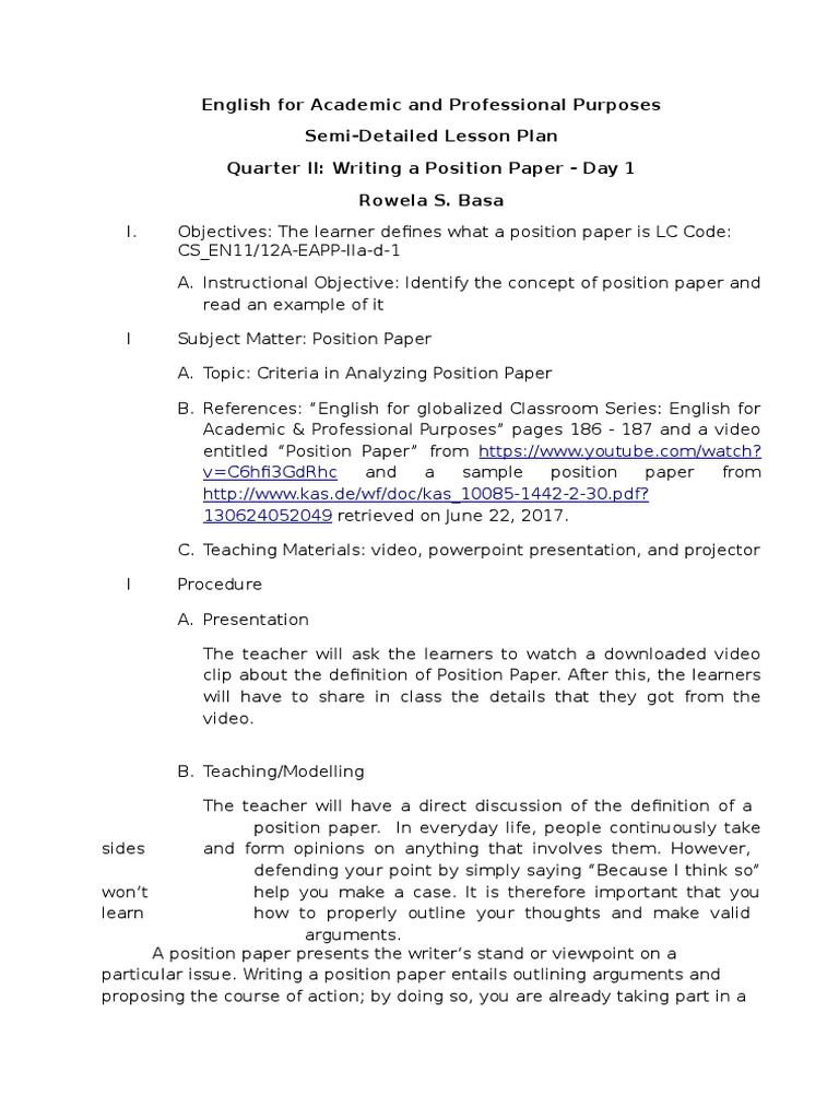 Week 11 14 Writing Position Papers PDF Teaching Method Lesson Plan