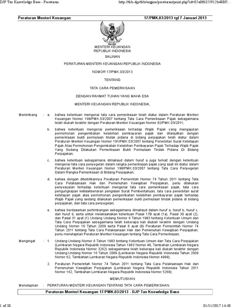 PMK 17] Tata cara pemeriksaan pajak | PDF