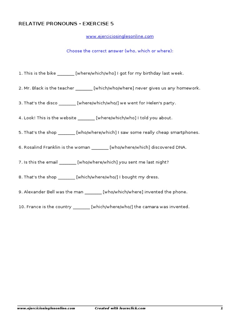 Relative Pronouns Exercise 5 | PDF | Self-Improvement | Language Arts ...