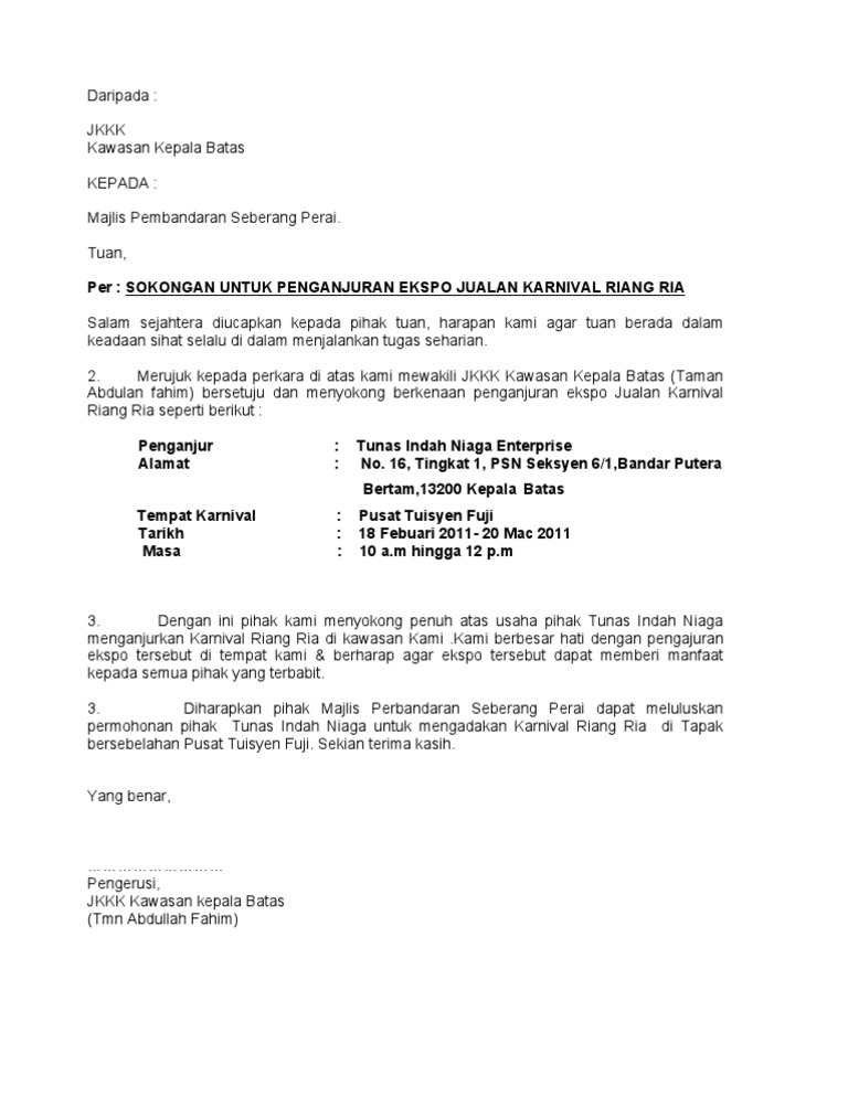 Contoh Surat Permohonan Sokongan Yb - Contoh Surat