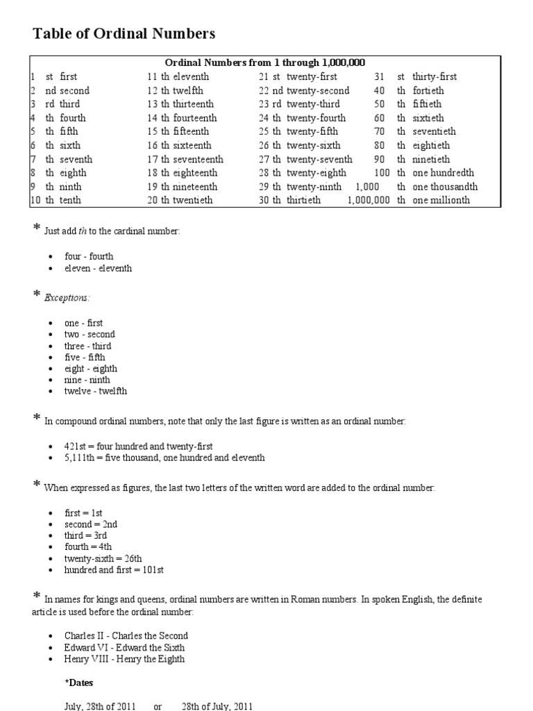Table of Ordinal Numbers | PDF