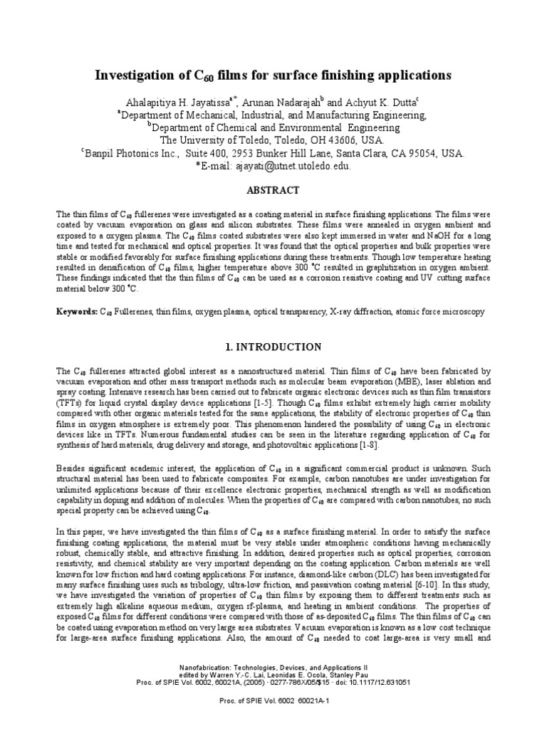 C60 Films for Surface Finishing Applications | PDF | Thin Film | X Ray ...