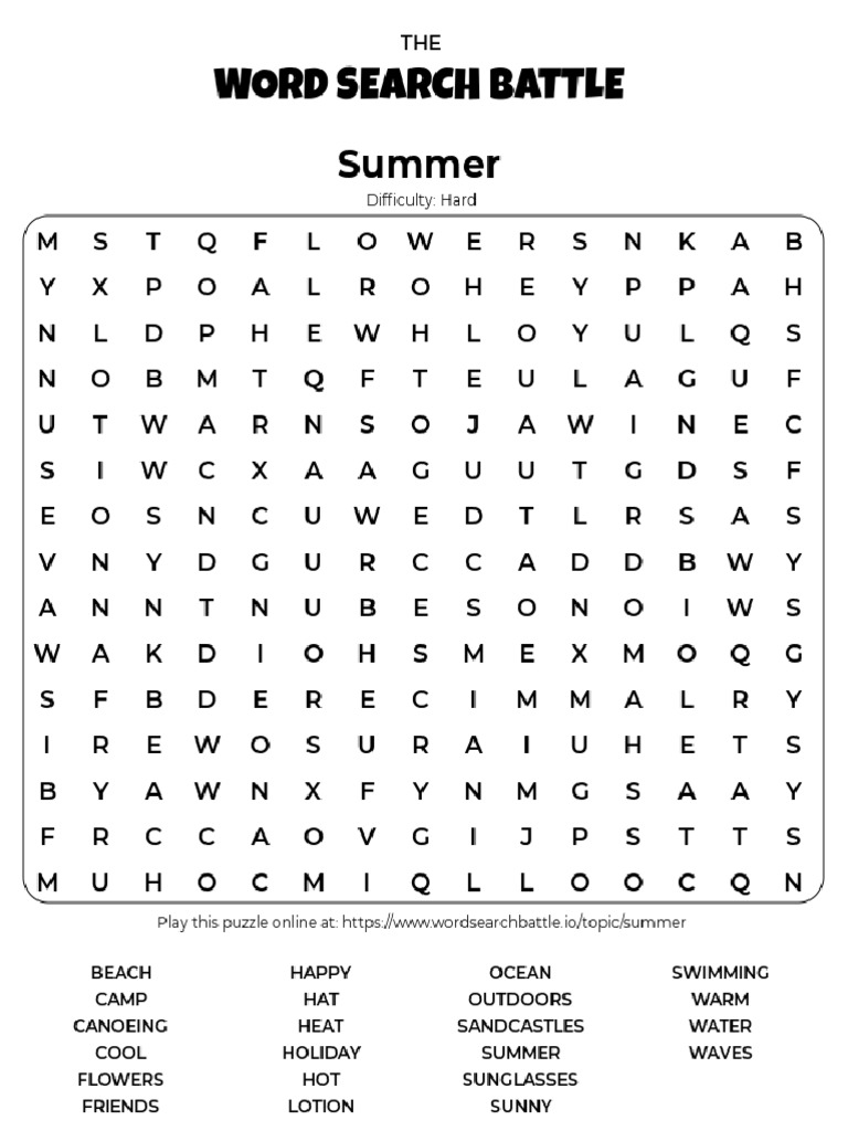 Hard Summer Word Search Printable PDF