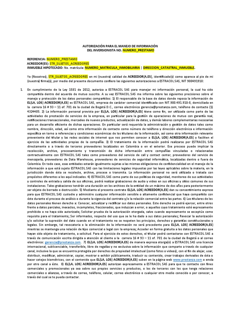 PTR006H - Autorización de Manejo de Datos Al Inversionista Unico | PDF ...