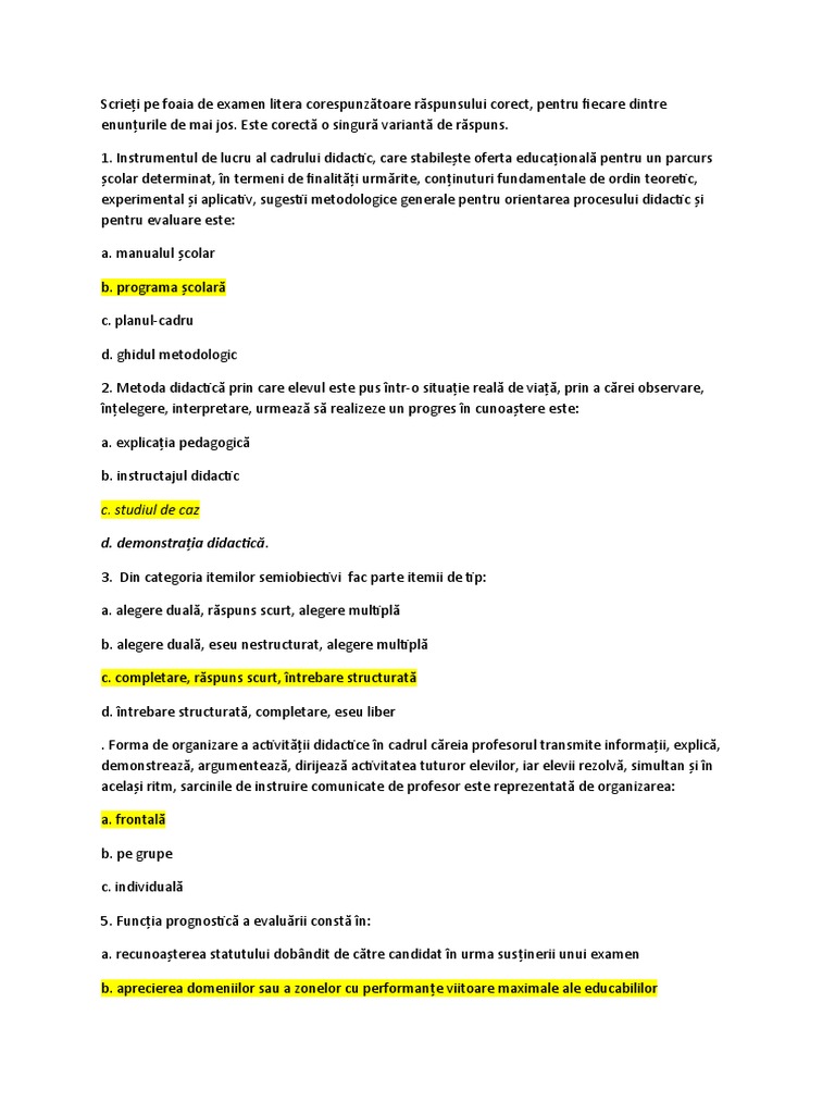 Scrieţi Pe Foaia de Examen Litera Corespunzătoare Răspunsului Corect | PDF