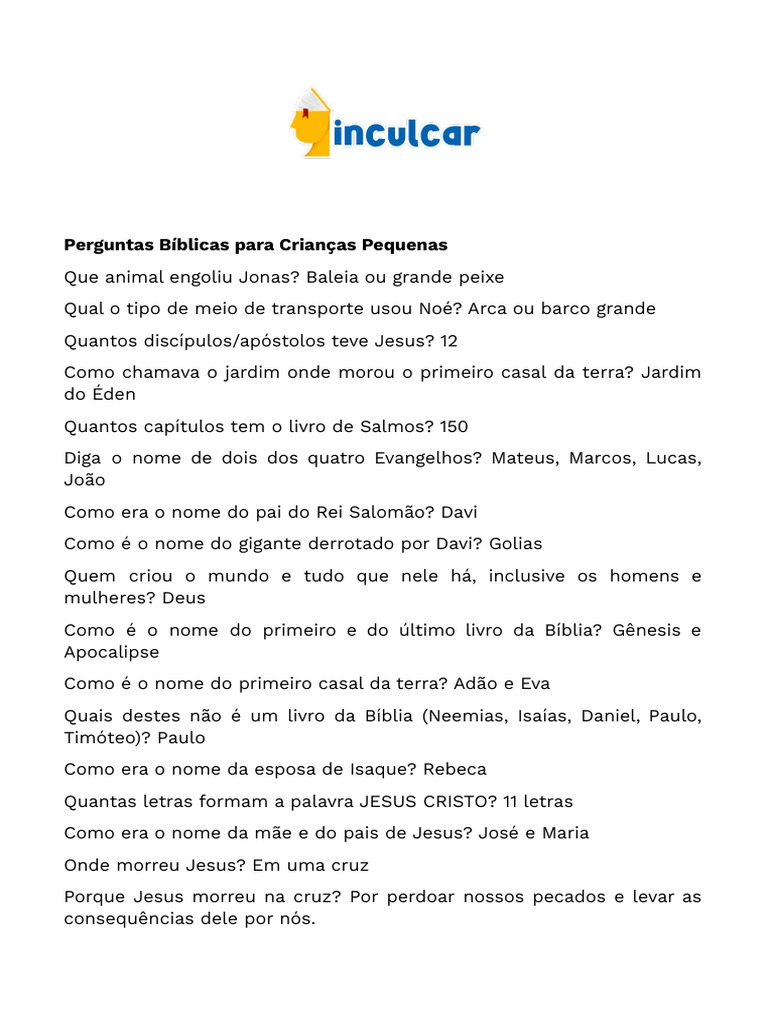 30 Perguntas Bíblicas Simples para Crianças | PDF