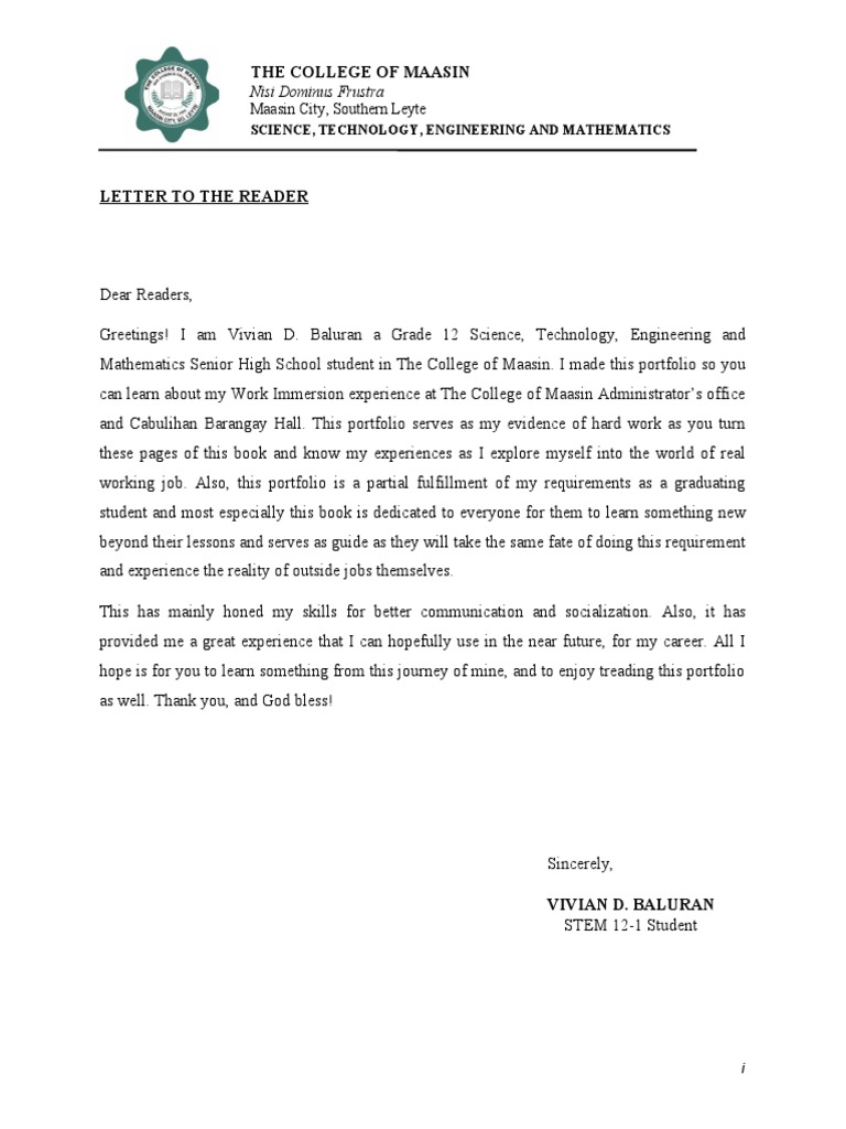 Grade 12 Work Immersion Reader's Letter | PDF | Science, Technology ...