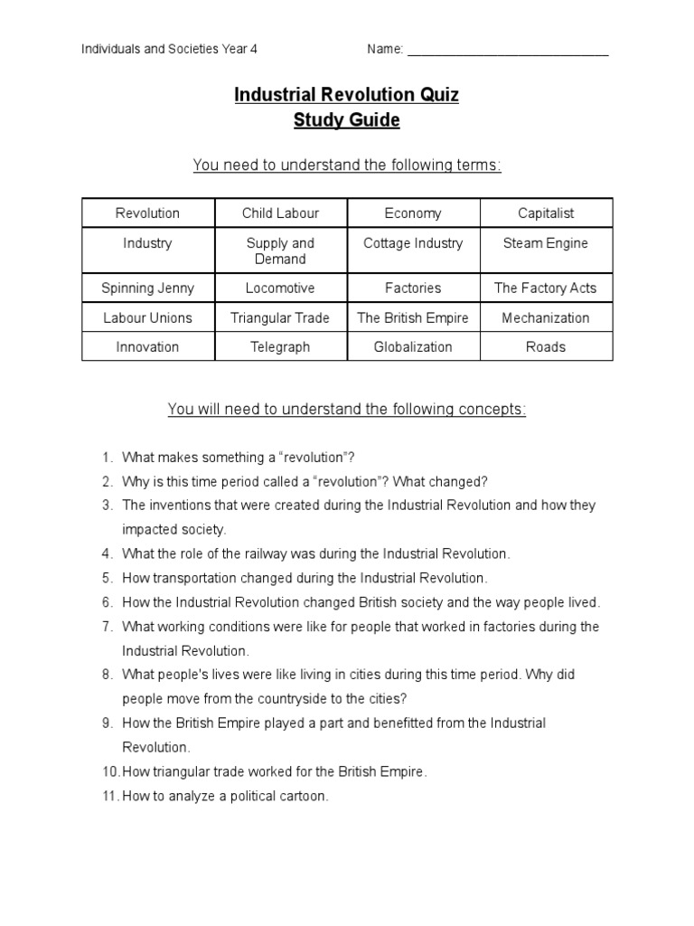 Study Guide For Industrial Revolution Quiz PDF