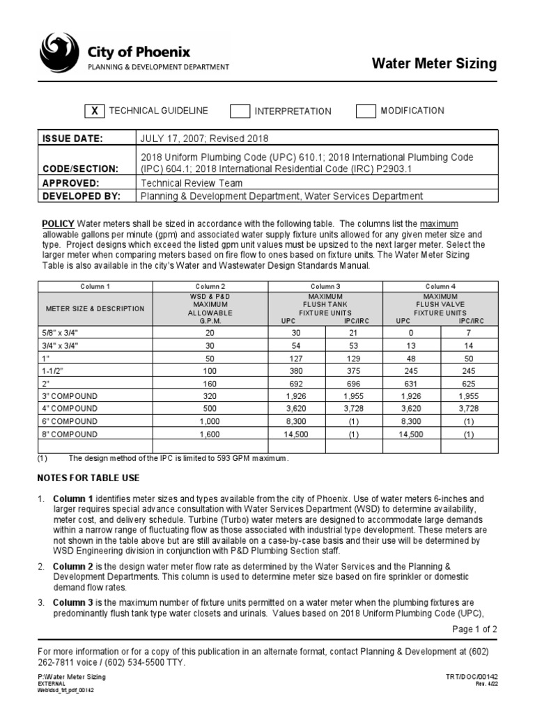 Water meter sizing issue date code section approved developed by