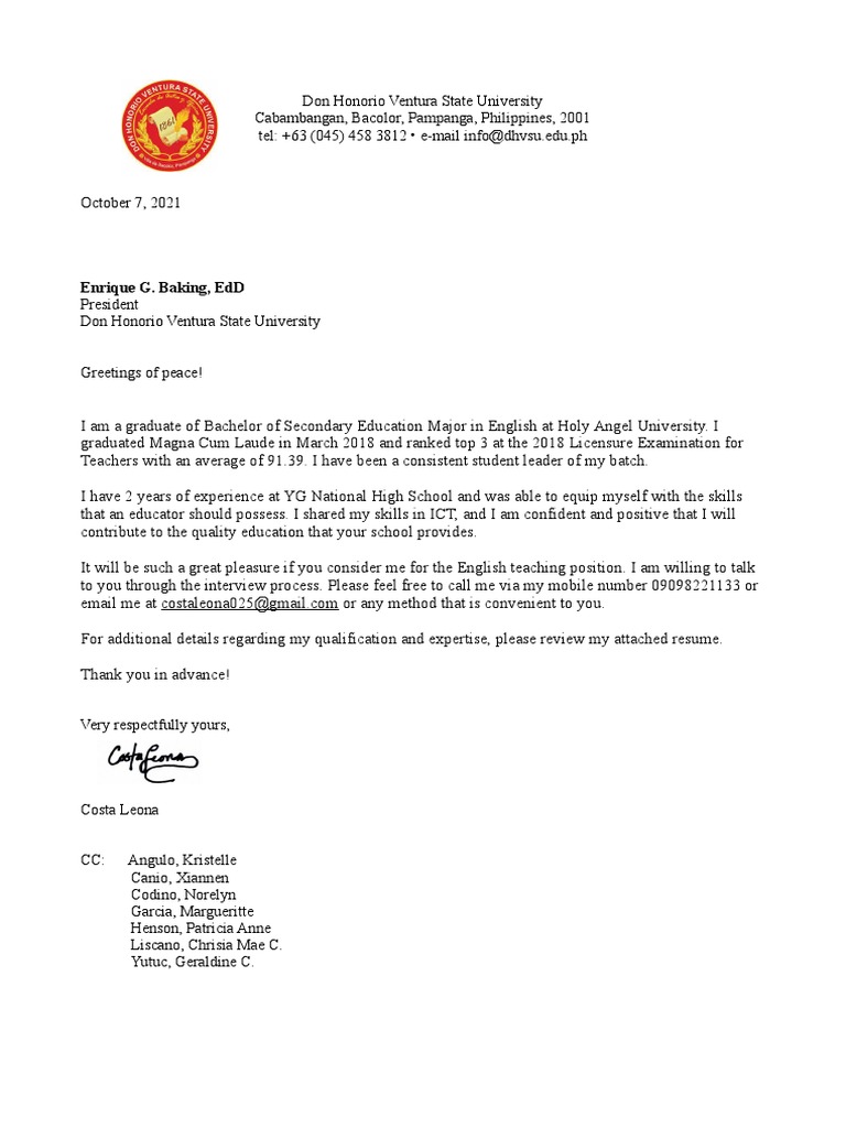 Costa Leona Application Letter | PDF