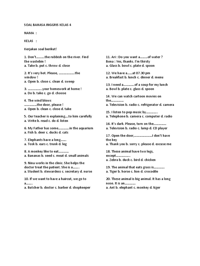 Soal Bahasa Inggris Kelas 4 Pdf