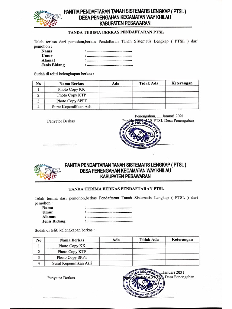 Tanda Terima Berkas PTSL | PDF