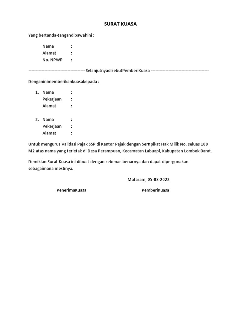 Surat Kuasa Validasi PPH Kosongan | PDF