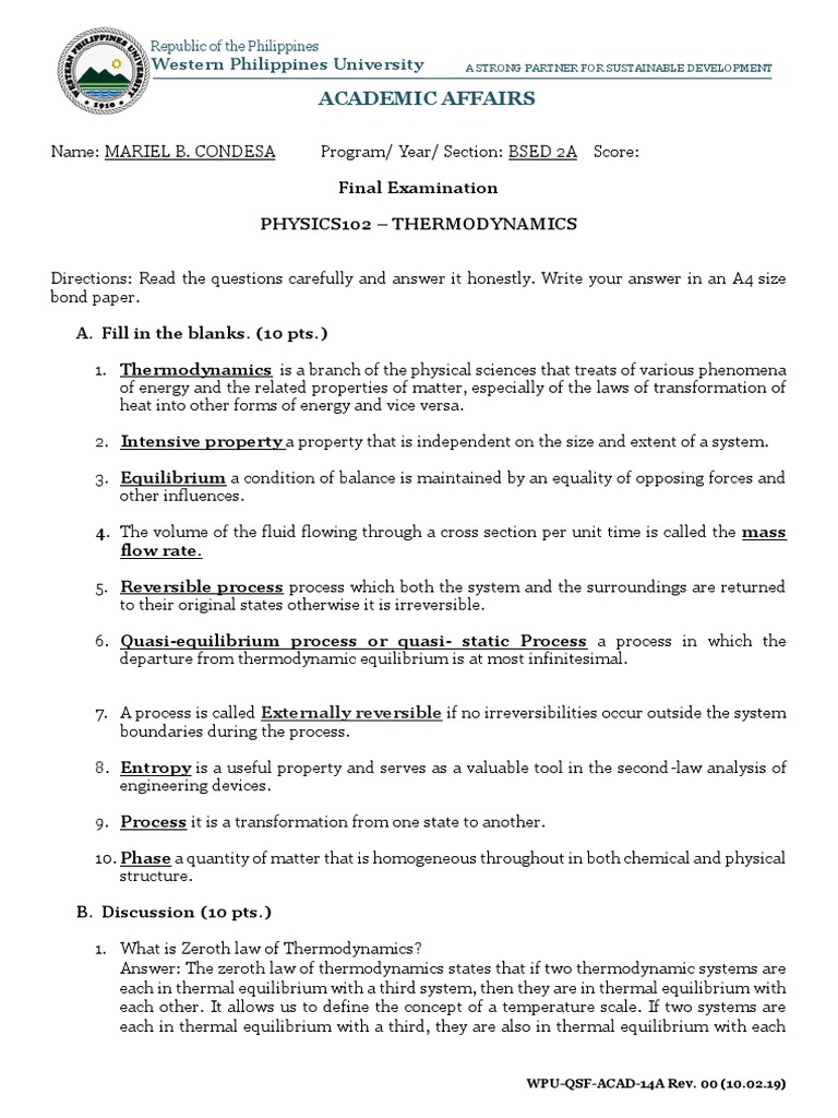 Thermodynamics Final Exam Review | PDF | Thermodynamics | Thermodynamic ...