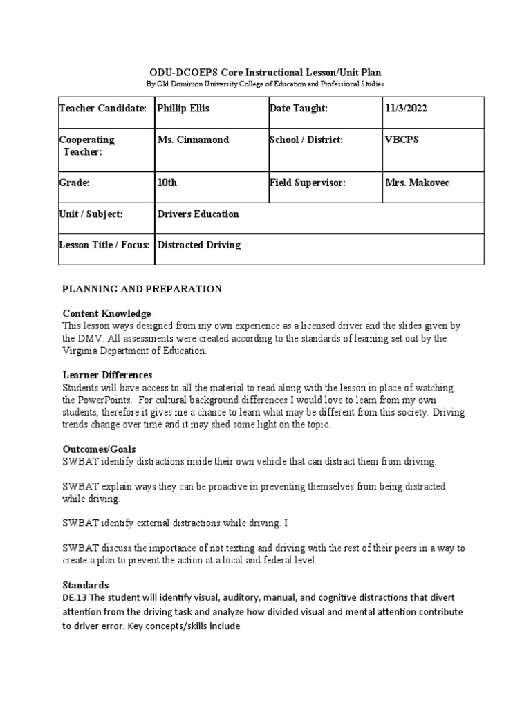 Drivers Ed Module 11 LP PDF Learning Educational Assessment