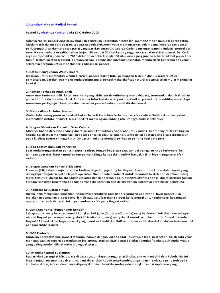 Tips Hindari Radiasi Ponsel | PDF