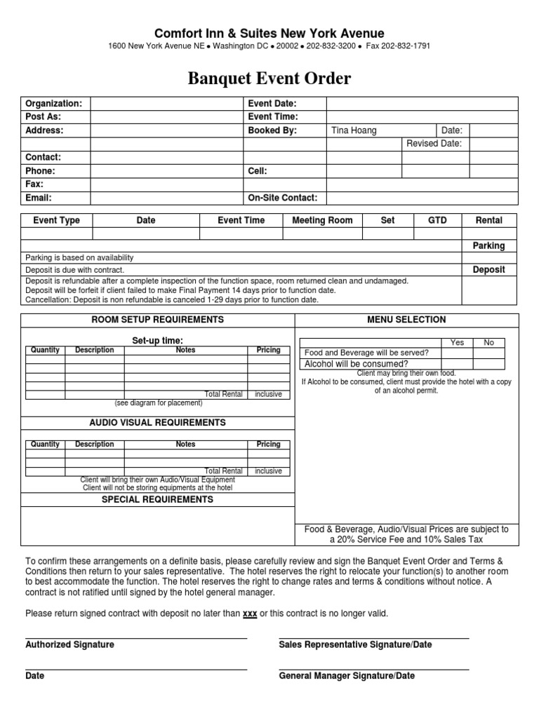Banquet Event Order for Comfort Inn DC | PDF | Indemnity | Business