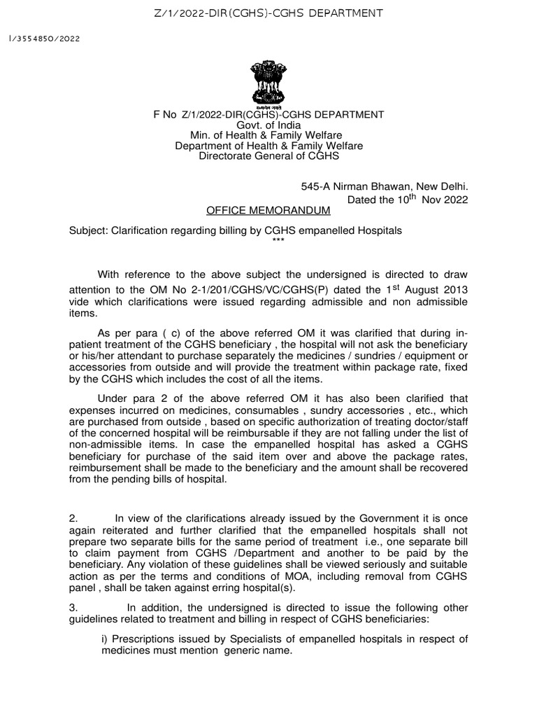 Clarification Billing by CGHS Empanelled Hospitals 10 Nov 22 PDF