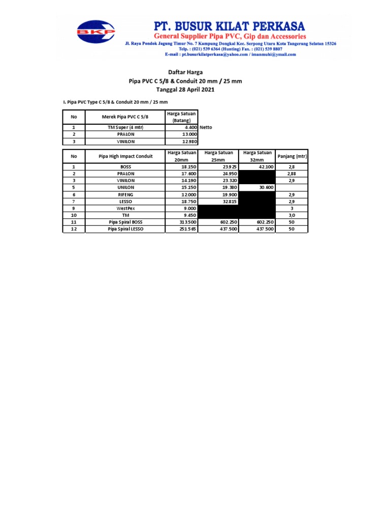 Price List for PVC Pipes C 5/8, Conduit Pipes 20 mm/25 mm, and