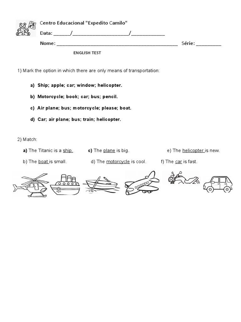 Means of transportation school subjects and routine test pdf