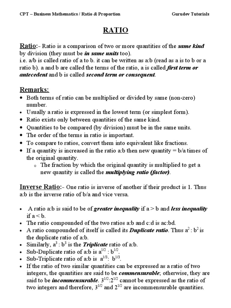 Math Ratio & Proportion | PDF | Ratio | Elementary Mathematics