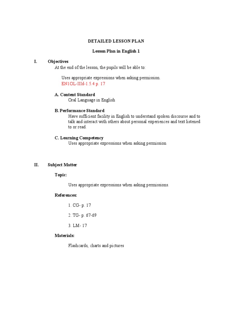 Lesson Plan: Asking Permission in English | PDF | Lesson Plan ...