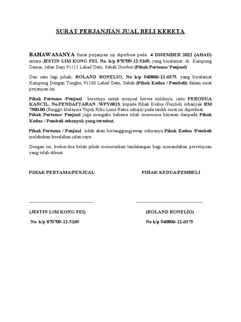 Surat-Perjanjian-Jual-Beli-Kereta Wpy6813 | PDF