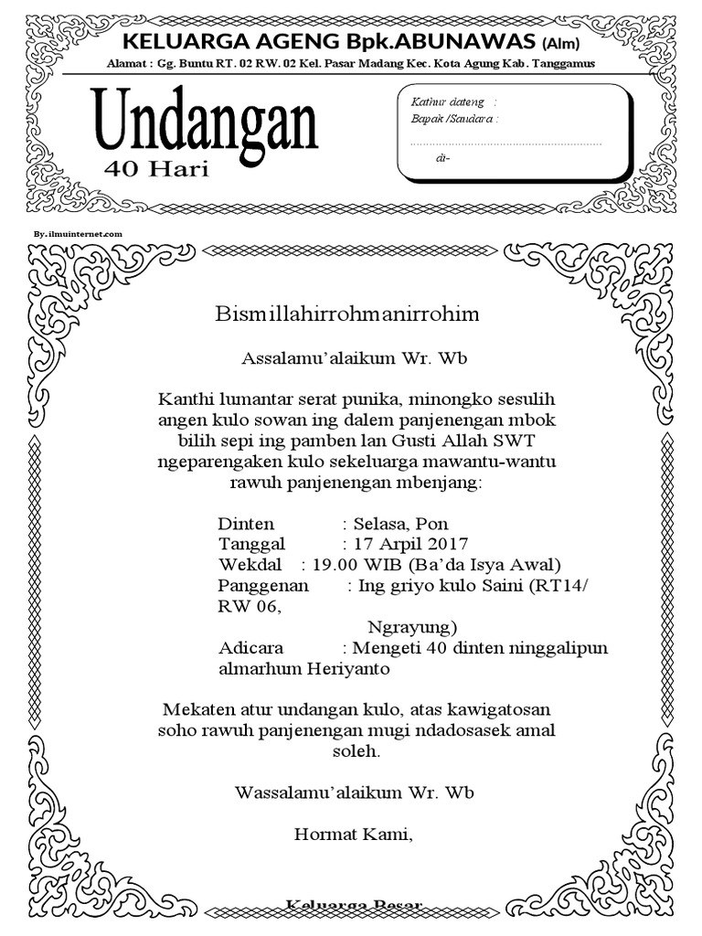 Contoh Undangan Tahlil Bahasa Jawa 40 Hari | PDF