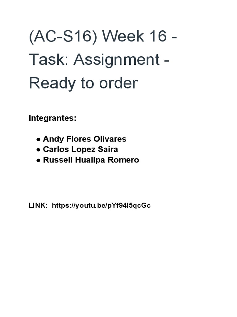 (AC-S16) Week 16 - Task - Assignment - Ready To Order | PDF