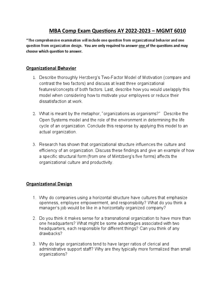 MBA Comprehensive Exam Questions 2022-23 | PDF | Business | Self ...